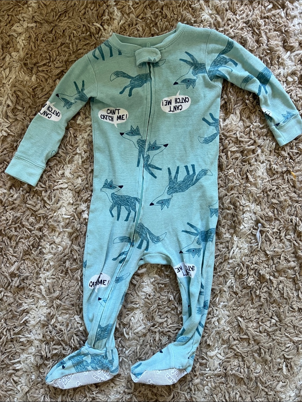 Mint Fox Print Footed One-Piece Pajamas for Kids